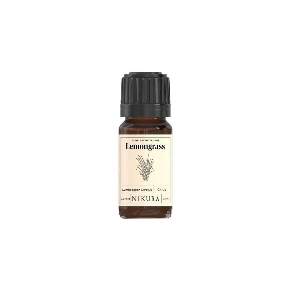 Nikura | Lemongrass Essential Oil - 10ml  100% Pure, Natural and Vegan, for Lifting Mood and Insect Repellent | Aromatherapy, Diffusers