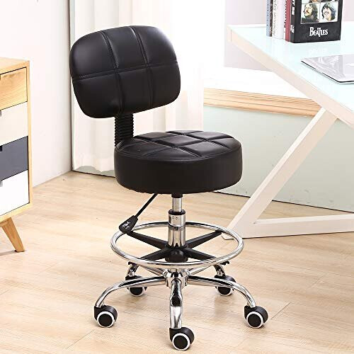 KKTONER Swivel Round Rolling Stool PU Leather with Adjustable Foot Rest, Height Adjustable Task Work Drafting Chair with Back (Black) 1