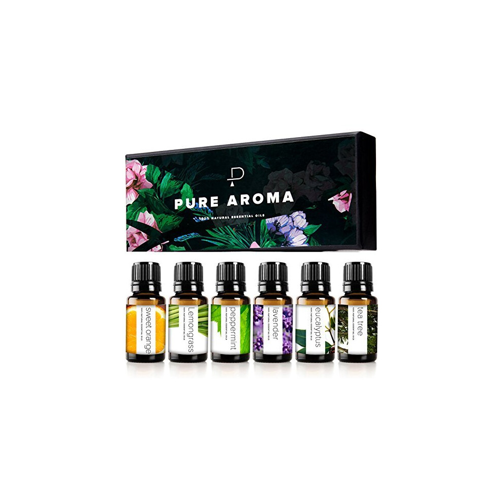 Pure Aroma Essential Oils By 100% Pure Therapeutic Grade Oils Kit- Top 6 Aromatherapy Oils Gift Set-6 Pack, 10Ml(Eucalyptus, Lavender, Lemon Gras