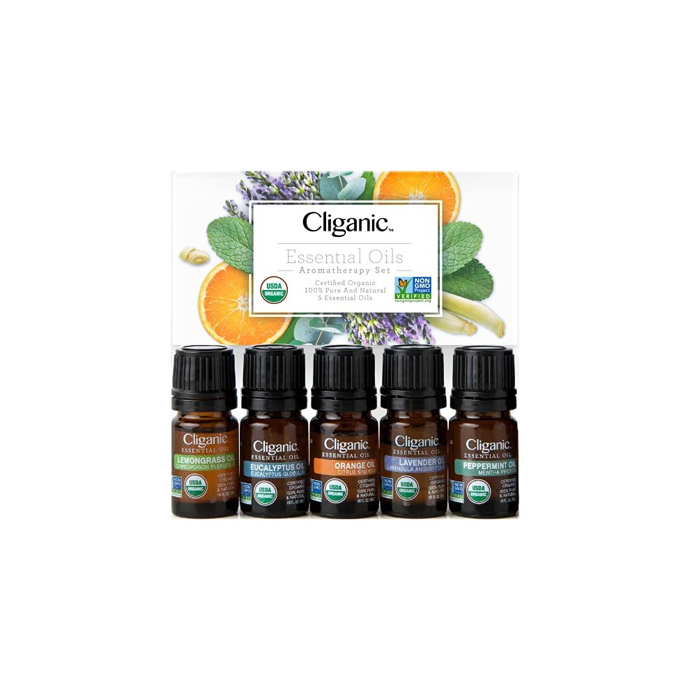 Cliganic Organic Essential Oils Set (Top 5) - 100% Pure Natural - Aromatherapy  Candle Making - Peppermint  Lavender  Eucalyptus  Lemongrass & Orange
