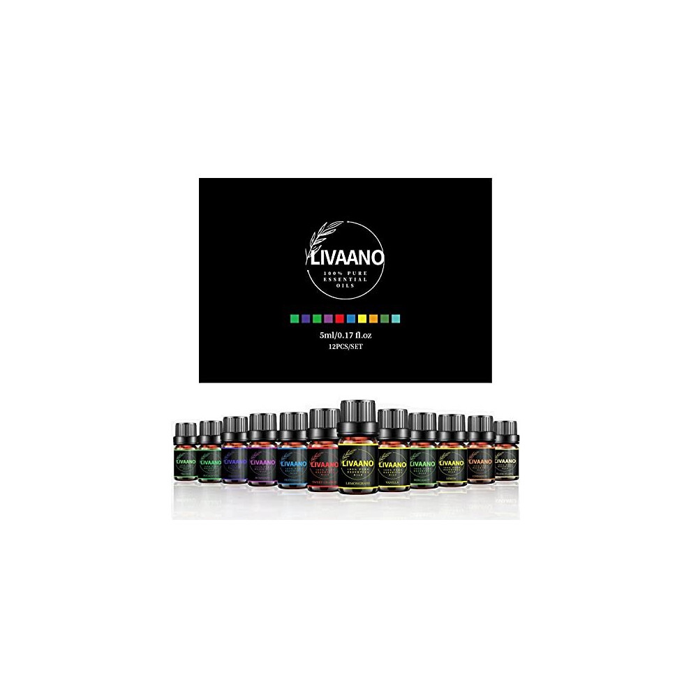 LIVAANO Natural 100% Pure Essential Oils - Pack of 12, 5ml Diffuser Oil - Essential Oil Set - Aromatherapy Oil - Fragrance Oil - Cinnamon Oil for