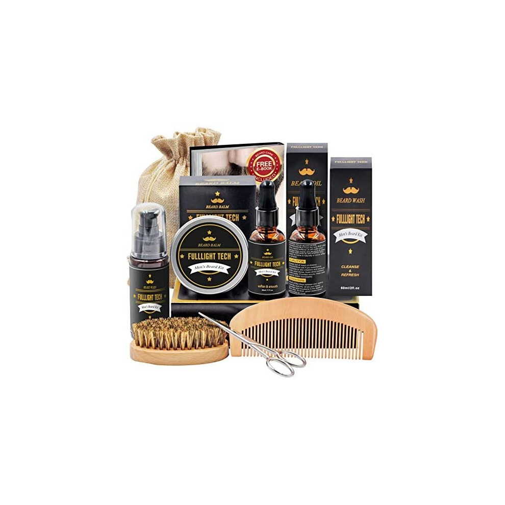 Fulllight Tech Beard Kit For Men Grooming & Care W/Beard Shampoo Oil Balm Comb Brush Scissor