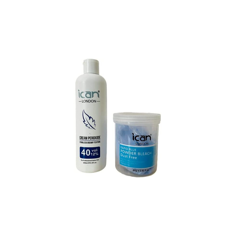 ICAN LONDON PROFESSIONAL CREAM PEROXIDE 40 VOL 12% 250 ML + RAPID BLUE POWDER BLEACH (JAR)80 G SET