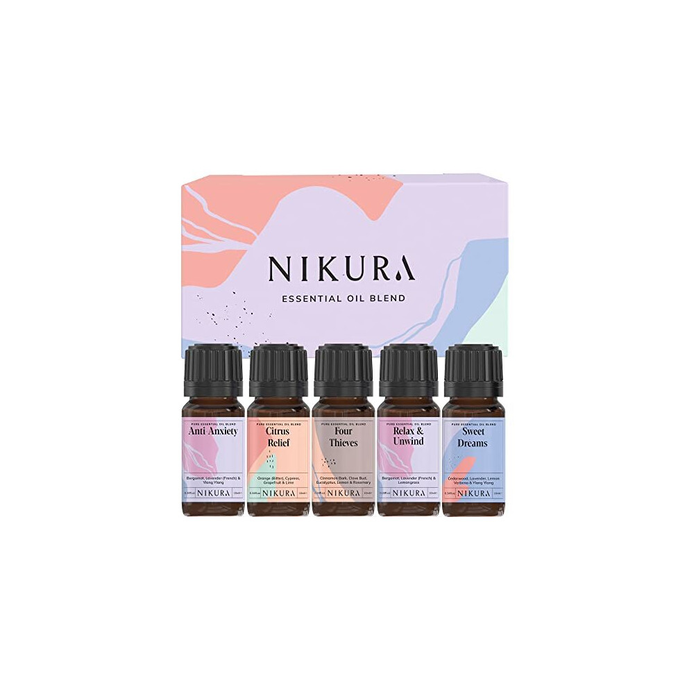 Nikura | Blends Best Sellers Essential Oils Gift Set (5 x 10ml) | Anti-Anxiety, Citrus Relief, Four Thieves, Relax & Unwind, Sweet Dreams