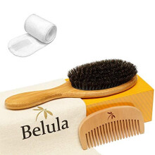 Conjunto de escova de cabelo de cerdas 100%. Cerdas naturais macias para cabelos finos e finos. Restaure brilho e textura. Pente de madeira, bolsa de