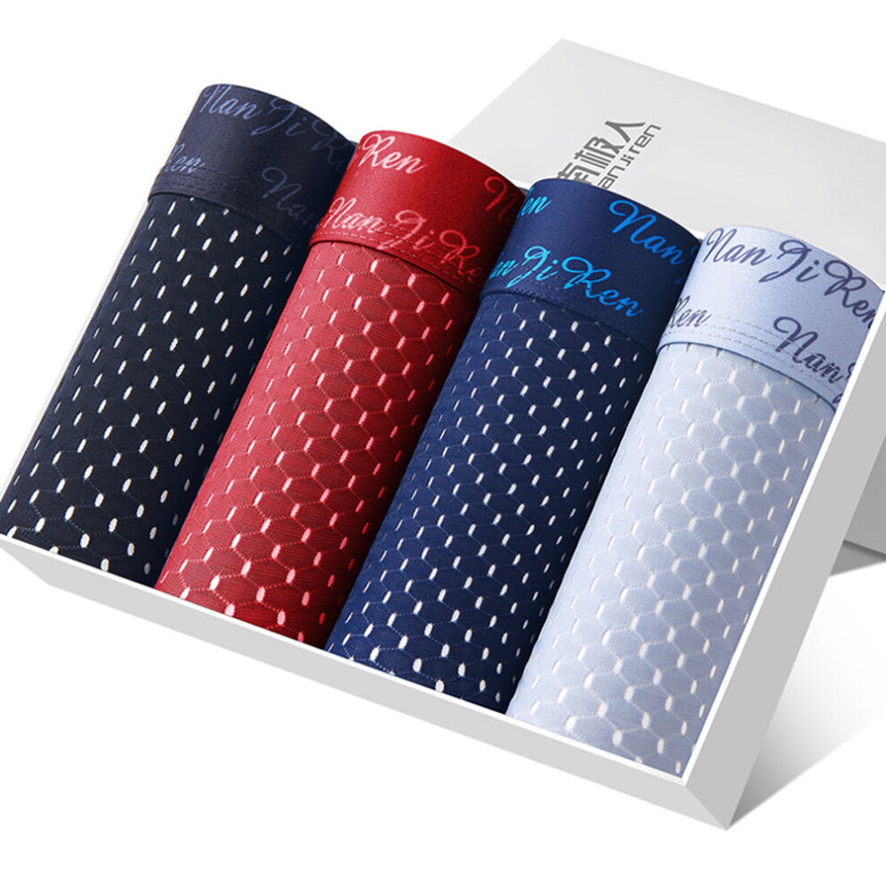 (Red White, 2XL) 4 Pieces Mens Mesh Ice Silk Breathable Underwear