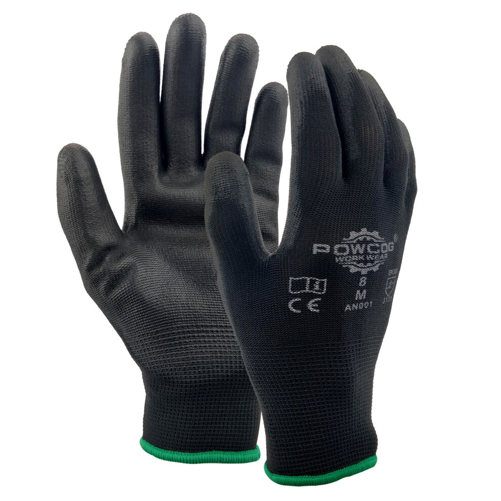 (Extra Large) 12 Pairs PU Coated Black Nylon Safety Work Gloves