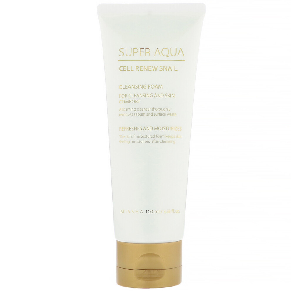 Missha , Super Aqua, Cell Renew Snail, Cleansing Foam, 3.38 Fl Oz (100 Ml)