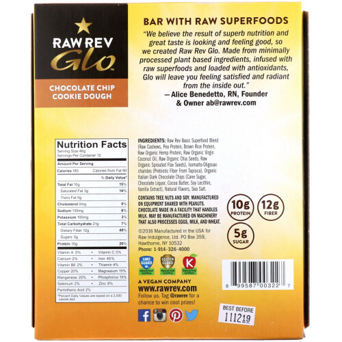 Raw Rev, Glo, Chocolate Chip Cookie Dough, 12 Bars, 1.6 oz (46 g) Each 2