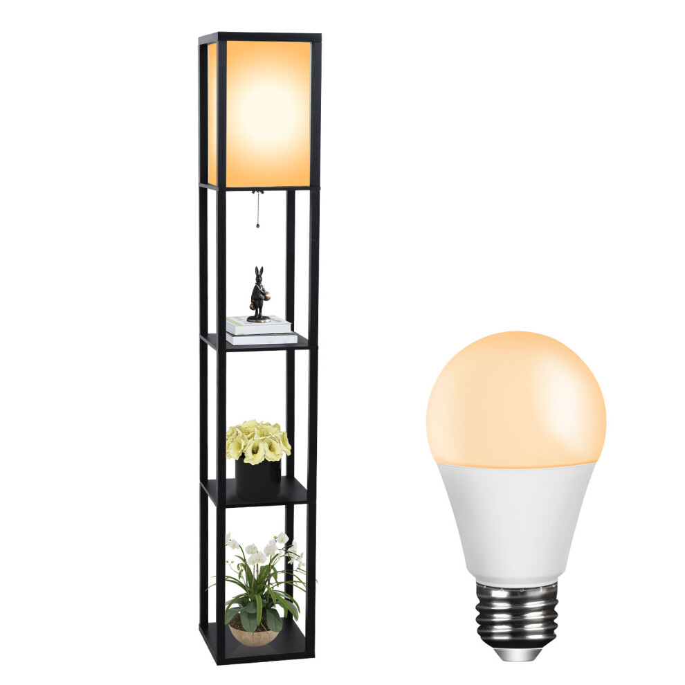 (Black) Floor Lamp LED Bulb 3-Tier Wooden Display Shelf