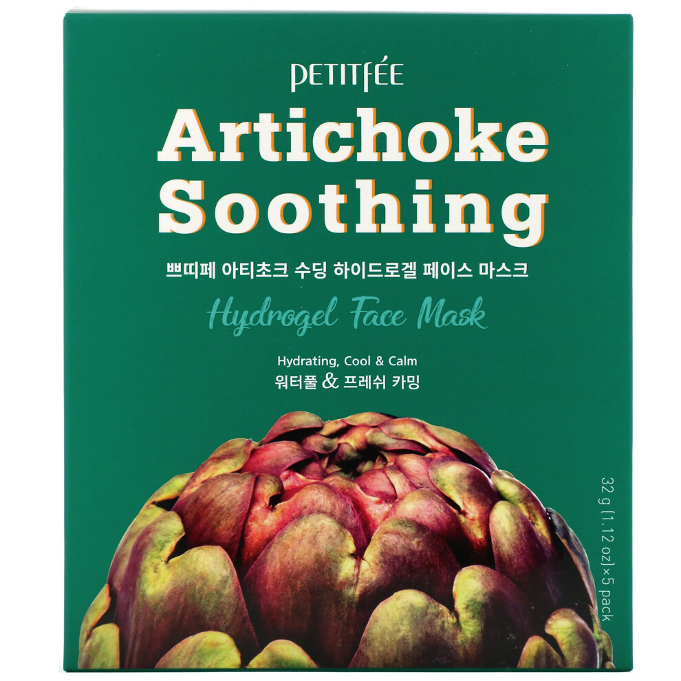 Petitfee Green Artichoke Soothing, Hydrogel Beauty Face Mask, 5 Sheets, 1.12 Oz (32 G) Each