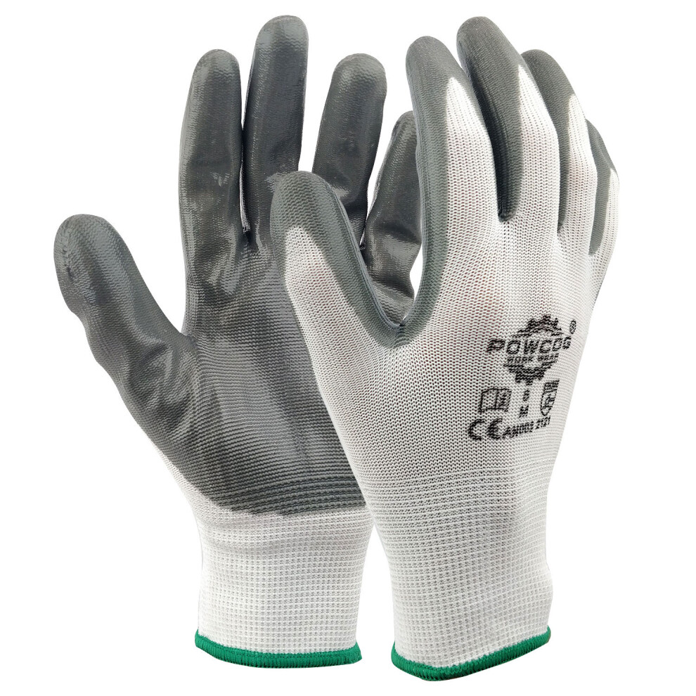 (Medium) 12 Pairs Nitrile Coated Grey Work Gloves - DIY Builders