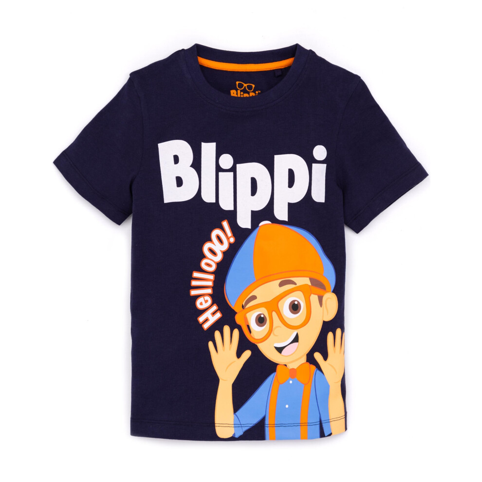 (4-5 Years) Blippi T-Shirt Kids Boys Toddlers Cartoon Navy Short Sleeve Top