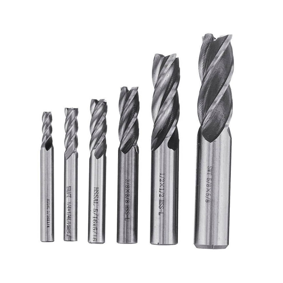 6pcs 3/16-5/8" Imperial Milling Cutter Set High Speed Steel CNC Milling Bit Spiral End Mill Cutter