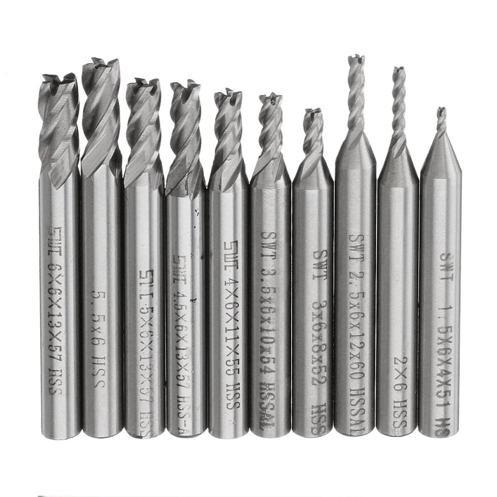 10pcs 1.5-6mm HSS 4 Flute End Mill Cutter 6mm Straight Shank CNC Drill Bit Set