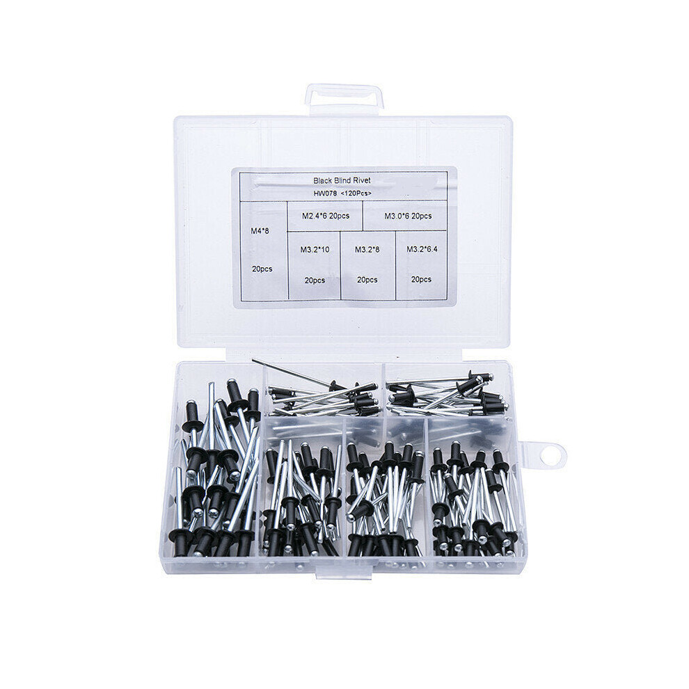 120Pcs Black Blind Rivet Assortment Kit M2.4 M3.2 M4 for Hand & Air Riveter Open-mouthed Core-pulling Rivet Aluminum Upholstery Nails