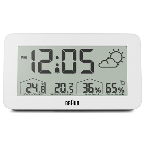 Braun Braun Digital Weather Station Alarm Clock, LCD Display, White, BC13WP