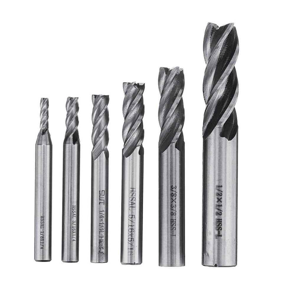 6pcs 1/8-1/2 Inch Imperial Milling Cutter High Speed Steel CNC Bit Spiral End Mill