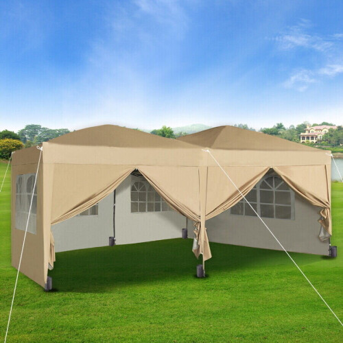 (Beige) MCC Pop-up Gazebo 3m x 6m with Sides Wind Bars & 6 Weight Bags Water Proof Canopy