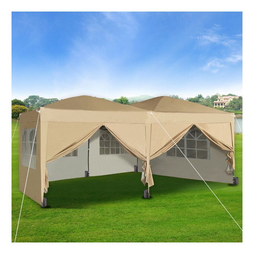 (Beige) MCC Pop-up Gazebo 3m x 6m with Sides Wind Bars & 6 Weight Bags Water Proof Canopy