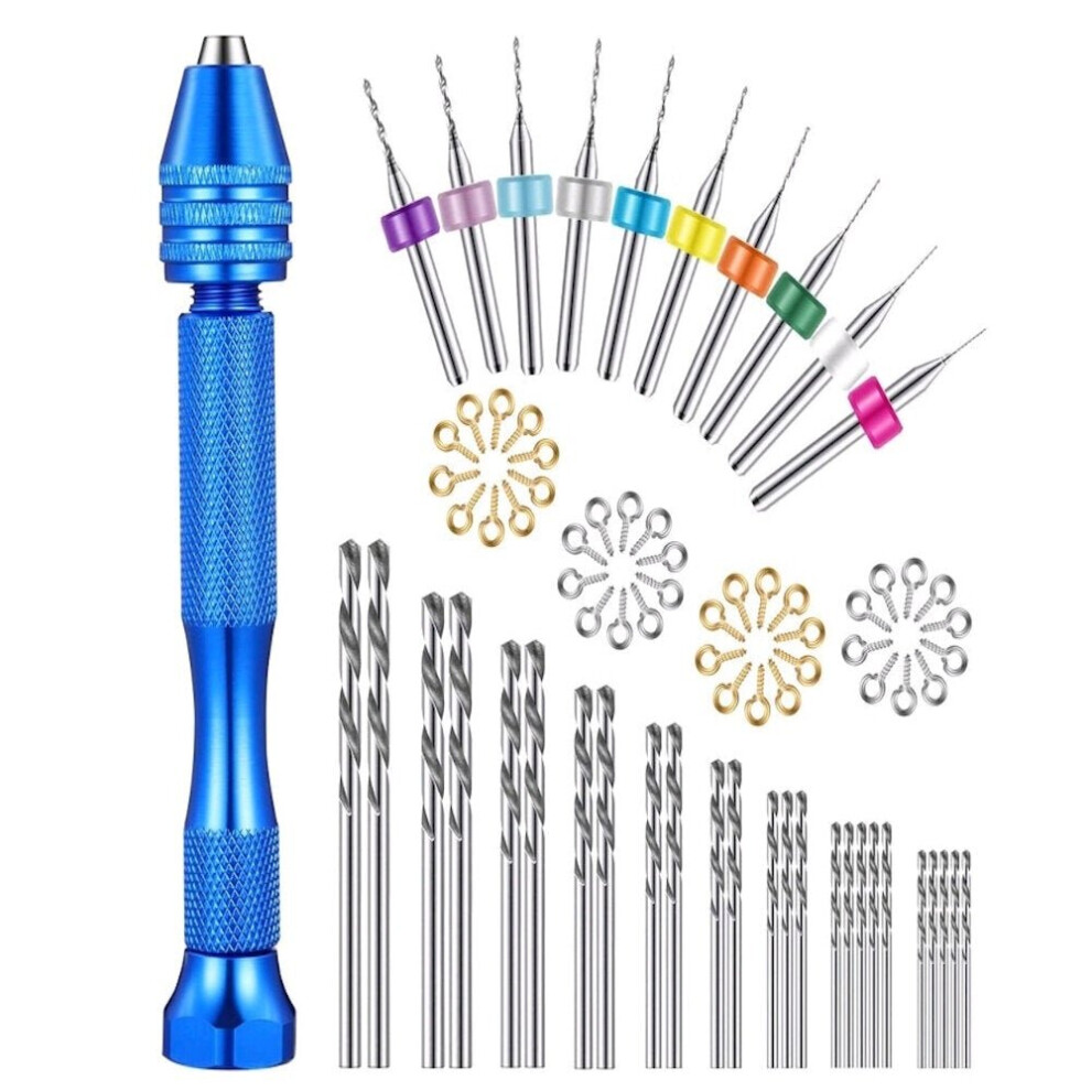 Hand Drill with 25pcs Twist Drill Bits and 10pcs 0.3-1.2mm PCB Drill 40pcs Claw Nails Handle Clamp for Craft Carving DIY