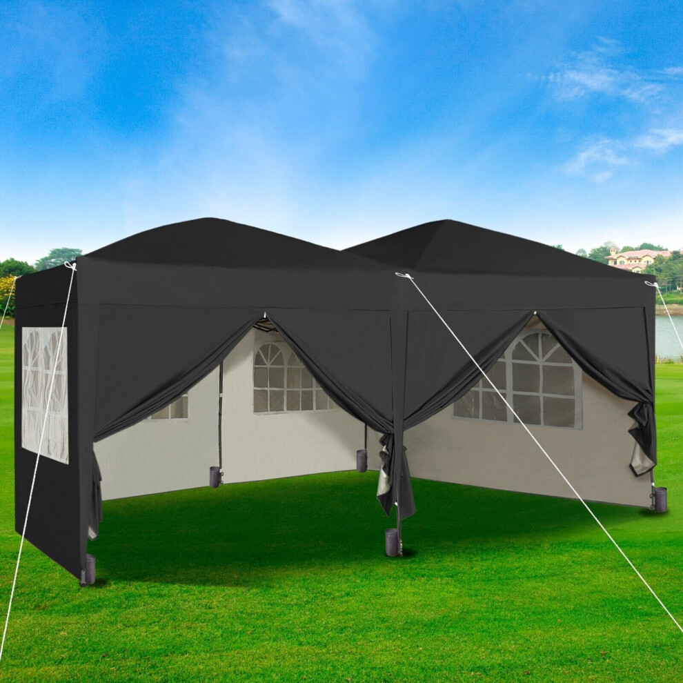 (Black) MCC Pop-up Gazebo 3m x 6m with Sides Wind Bars & 6 Weight Bags Water Proof Canopy