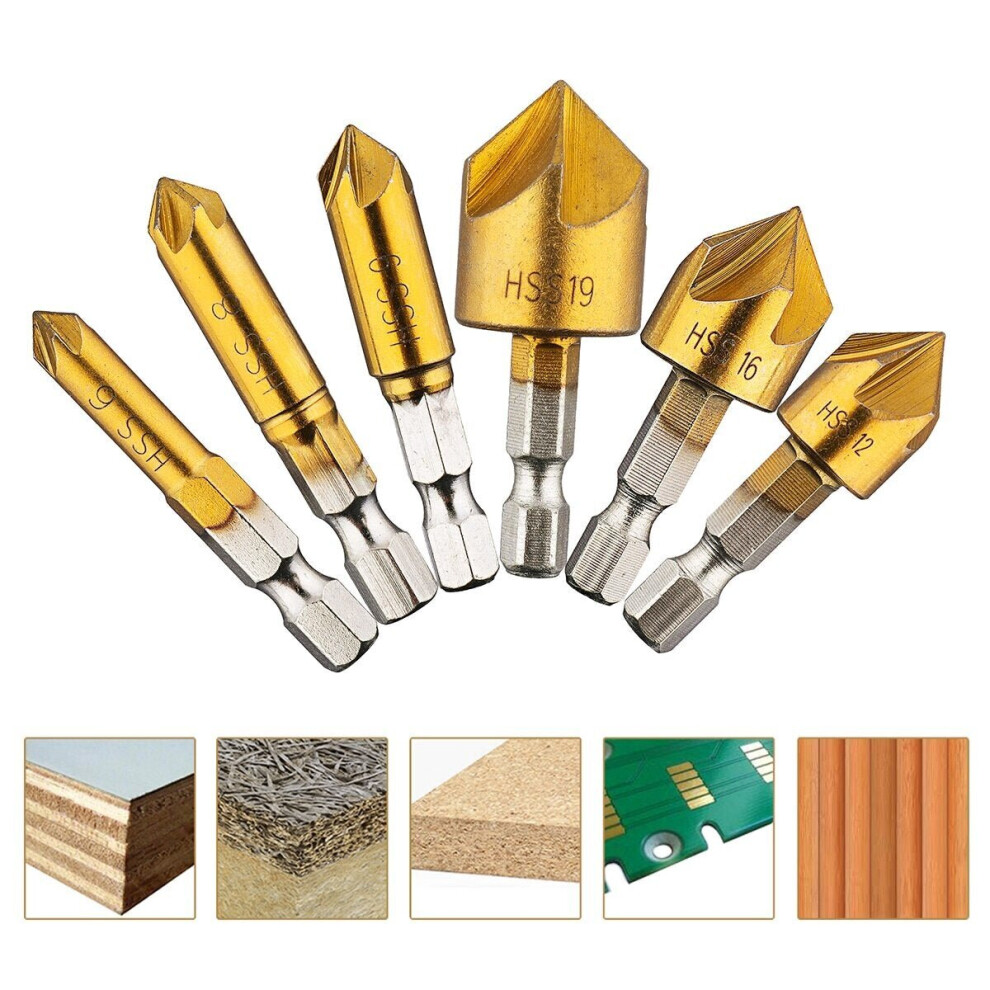 6Pcs 6-19Mm Countersink Drill Bit 5 Flutes Hex Shank Titanium Coated Chamfer Cutter Set 6112211913551