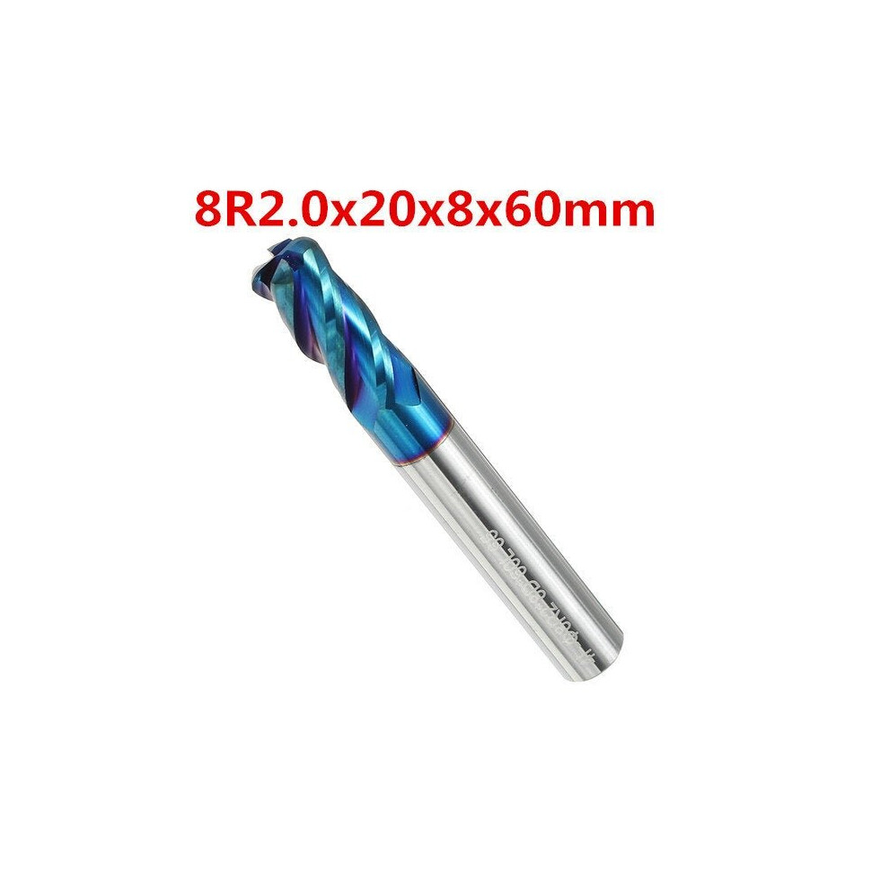 (8mm) 4 Flutes Ball Nose Milling Cutter Tungsten Carbide NACO Coated 2R0.2-8R2.0 HRC65 End Mill