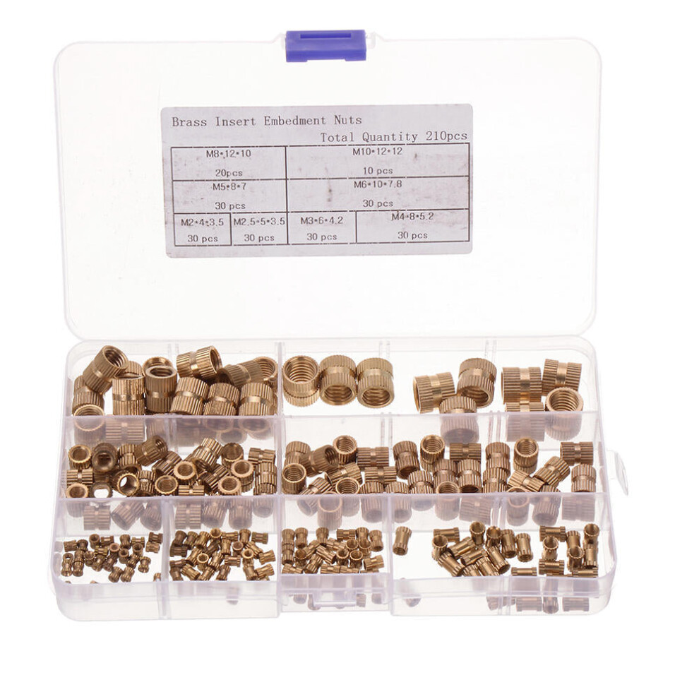 210pcs M2~M10 Metric Threaded Brass Knurl Nuts Round Insert Embedment Nut Assortment Set