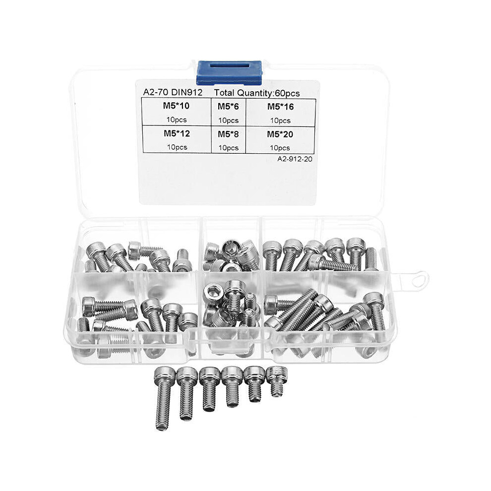 60Pcs M5 Stainless Steel 6-20mm Hex Socket Cap Head Screw Allen Bolt Assortment Kit