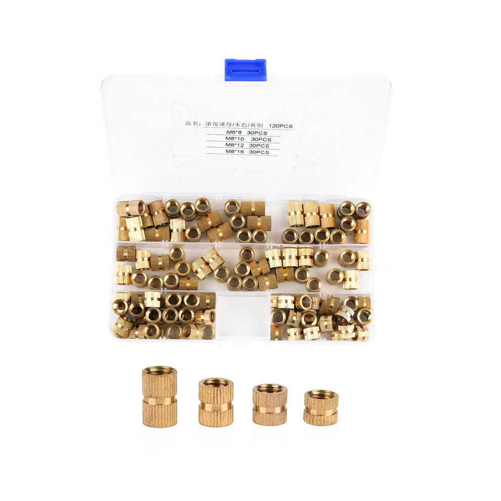 120Pcs M8 Brass Cylinder Knurled Threaded Nut Round Insert Embedded Nuts Assortment Set