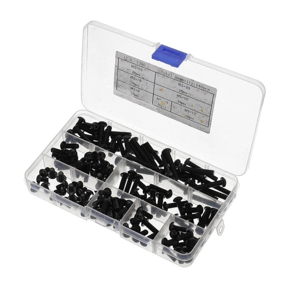 140Pcs M5 10.9 Grade Carbon Steel Hex Socket Button Round Head Screw Bolt Assortment