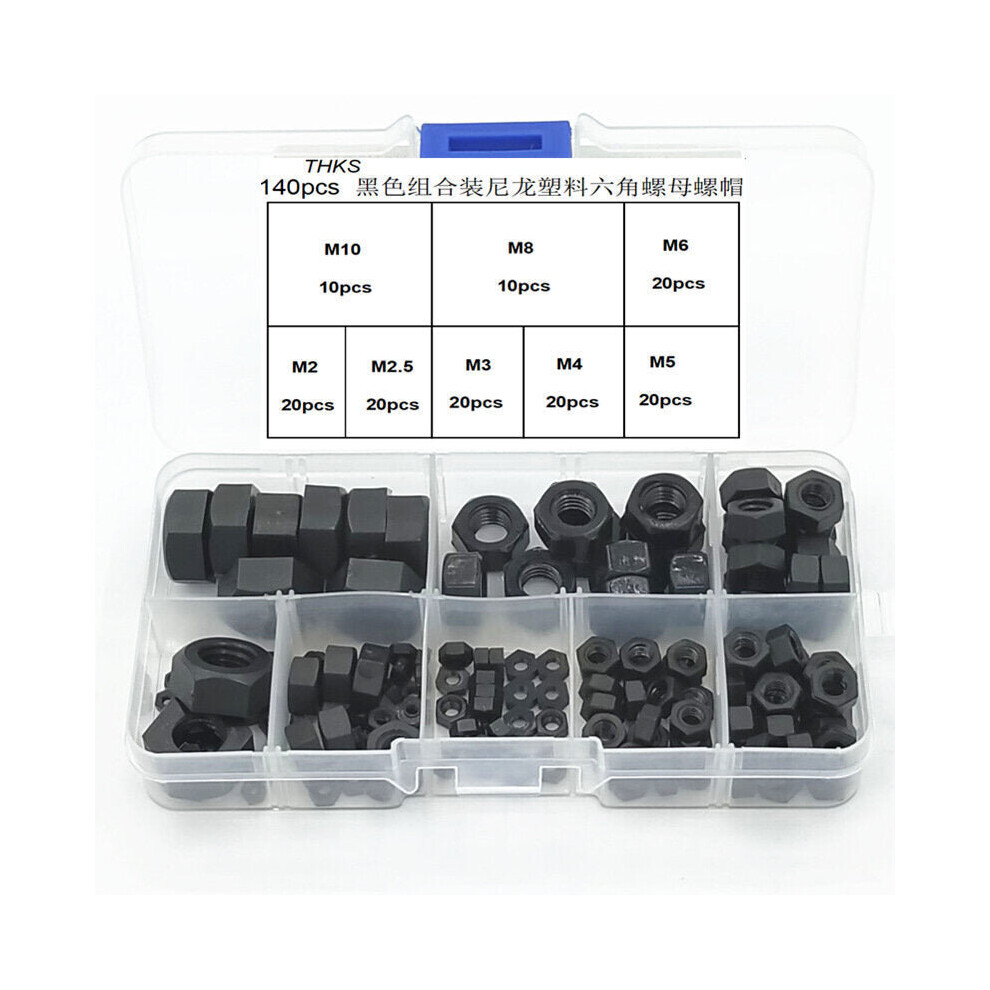 (White) 140Pcs Nylon Hex Nuts Assortment Kit Black/White M2-M10 3654659457783