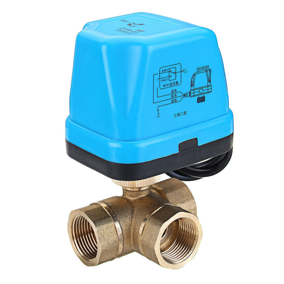 (1/2 Inch) 1/2" 3/4" 1" Blue Shell 3 Way Motorized Electric Brass T Ball Valve 3 Wire AC 220V Full Port