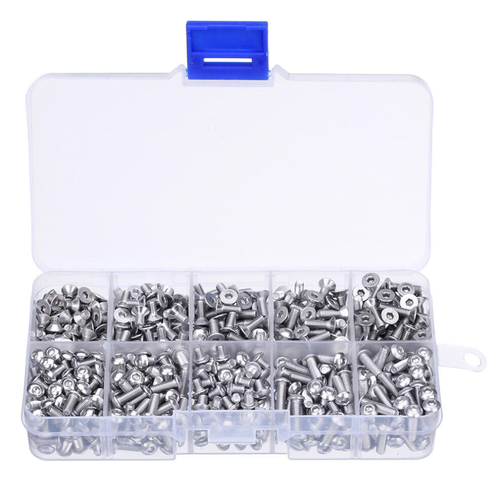 M3SH9 700Pcs M3 304 Stainless Steel Machine Screw Hex Socket Flat&Button Head Bolt Assortmen