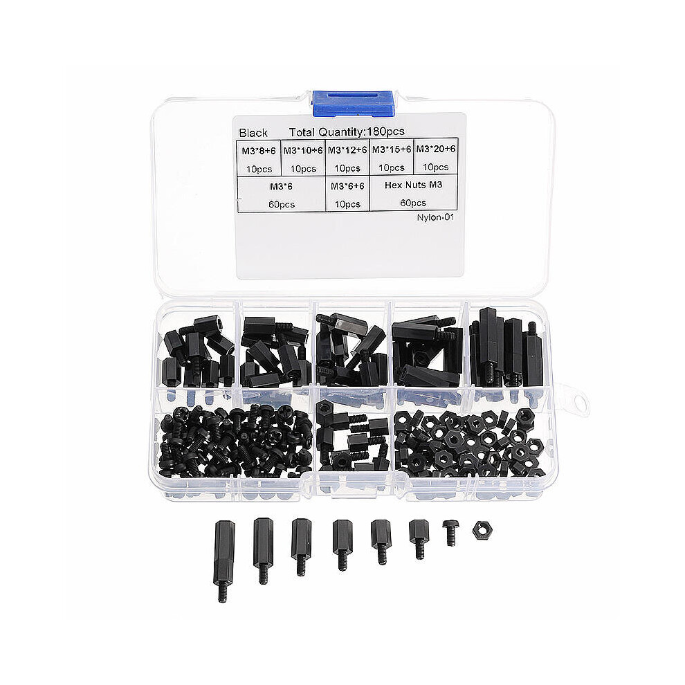 (Black) M3NH11 M3 Nylon Screw Black White Hex Screw Nut PCB Standoff Assortment Kit 180Pcs