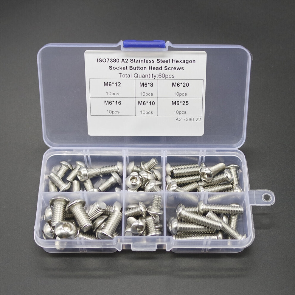 60Pcs M6 Hex Socket Screw Set Button Head Socket Screw 304 Stainless Steel Hex Socket Screw Assortment Kit