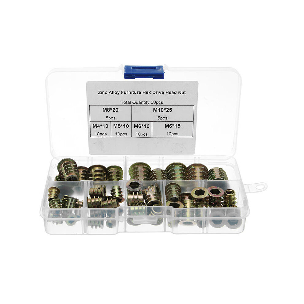 50Pcs M4 To M10 Zinc Alloy Wood Furniture Hex Socket Drive Threaded Insert Nut Assortment Kit 3654659459121