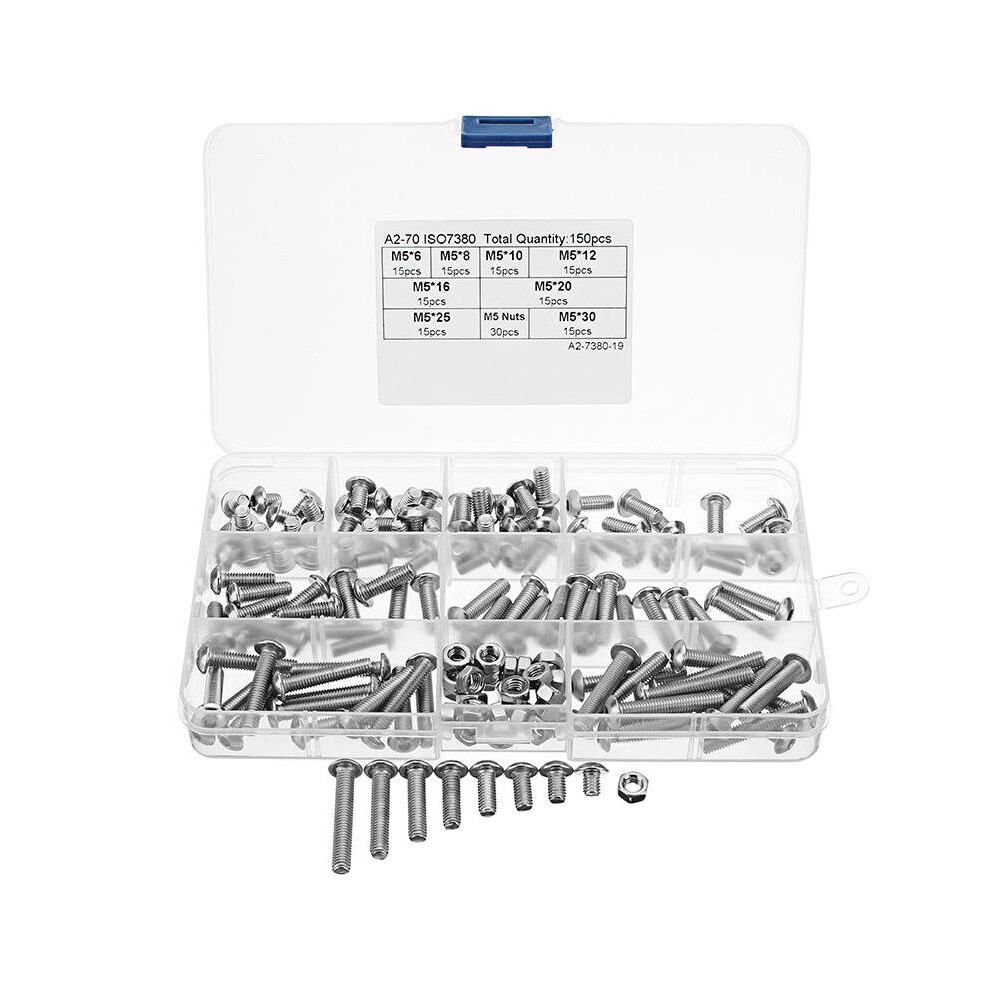 150Pcs M5 Stainless Steel 6-30mm Hex Socket Button Head Screw Allen Bolt Assortment Kit