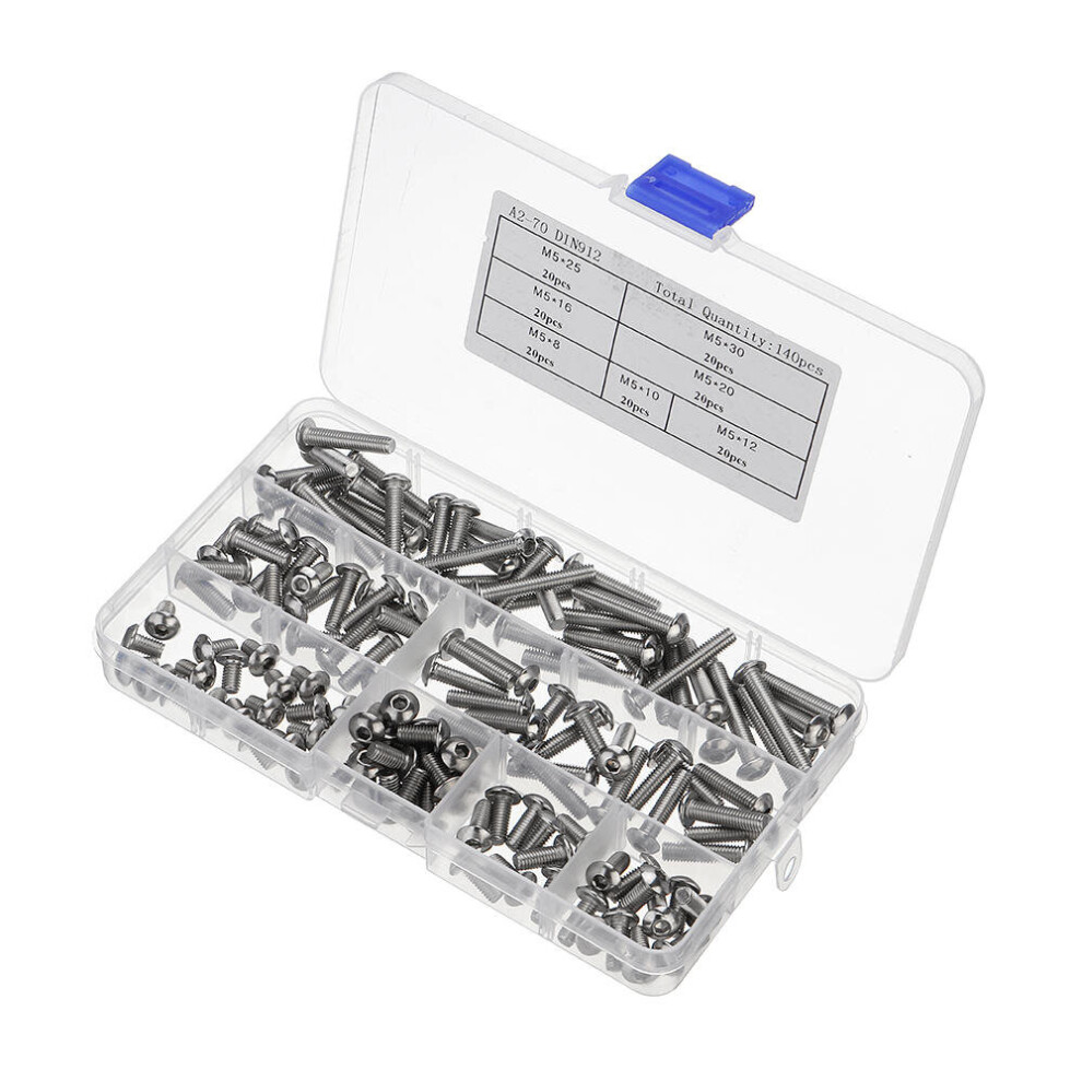 140Pcs M5 Stainless Steel 8-30mm Hex Socket Button Head Screw Bolt Assortment Kit