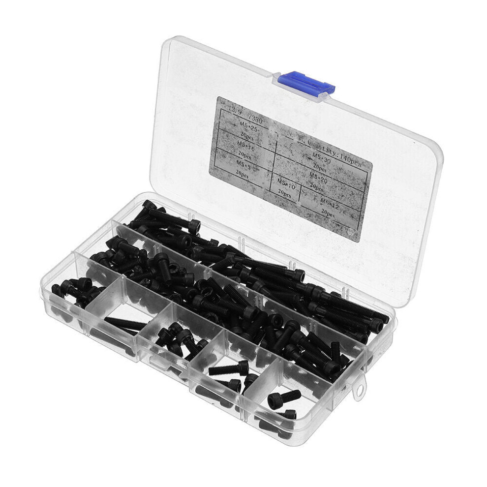 140Pcs M5 12.9 Grade Carbon Steel Hex Socket Cap Head Screw Bolt Assortment Kit