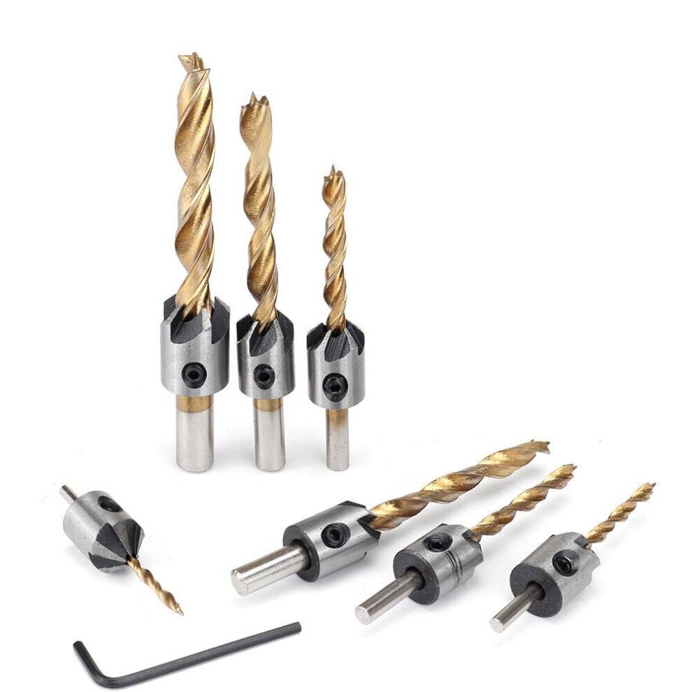 (7 Pcs) 7/8Pcs 3-10mm Round Shank Titanium Coated Countersink Drill Bit Set Replacement Three Point Carpentry Boring Tool Woodworking With Hexagon L-W