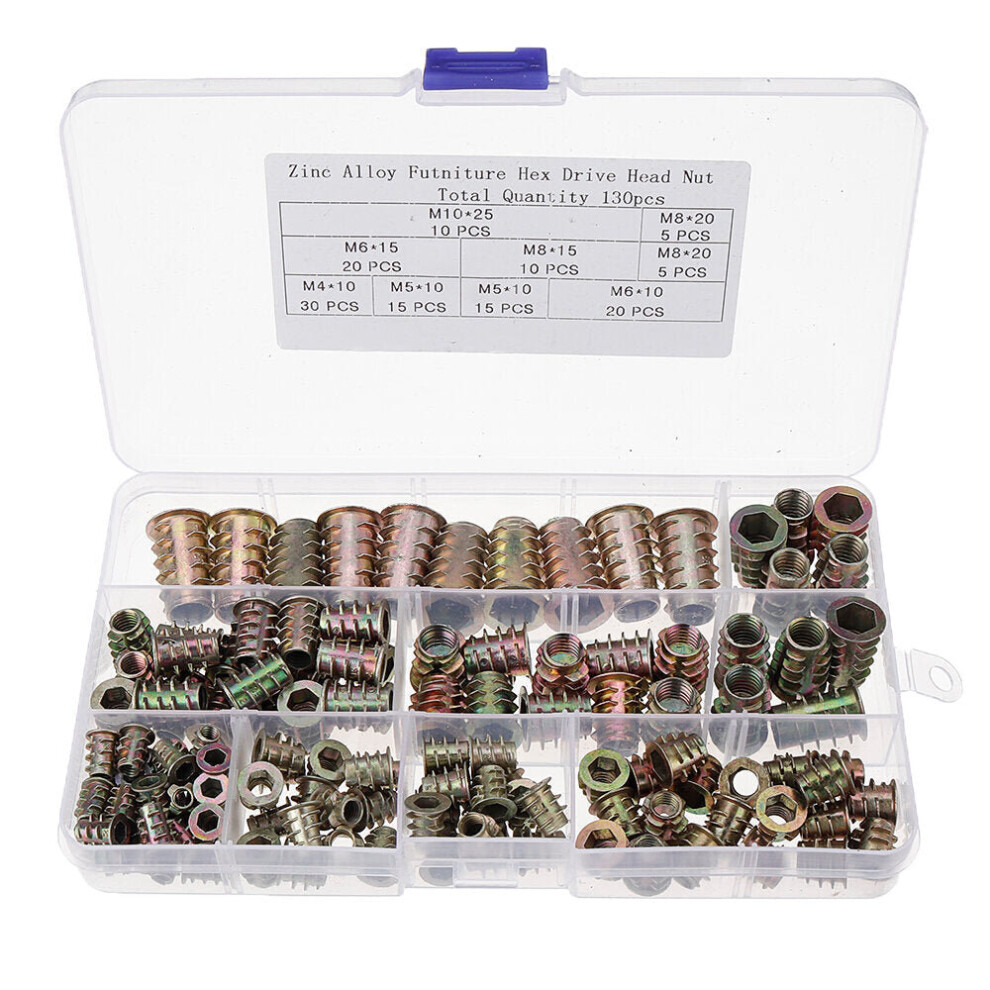 130Pcs M4-M10 Zinc Alloy Furniture Hex Drive Head Nuts Threaded Insert Nut Assortment Set