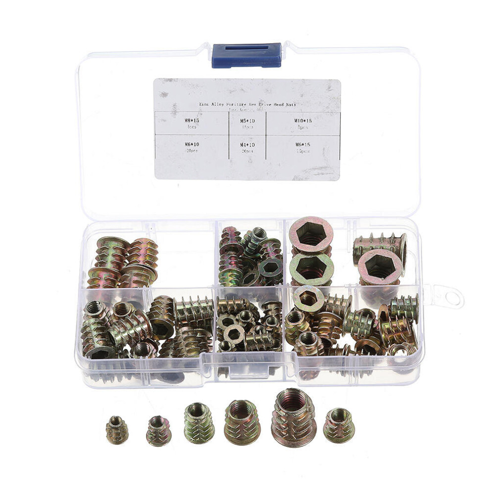 80Pcs M4/M5/M6/M8/M10 Zinc Alloy Wood Furniture Hex Socket Drive Head Threaded Insert Nut Internal and External Nut