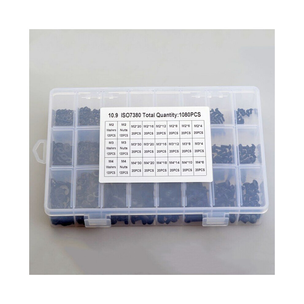 1080Pcs M2 M3 M4 Carbon Steel Pan Head Hex Socket Screw Nut Bolts Washers Assortment Kit 3654659458049