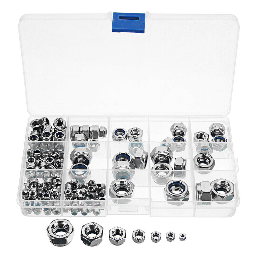 170Pcs Stainless Steel Nylon Insert Lock Nut M3/4/5/6/8/10/12 Locknut Assortment Kit