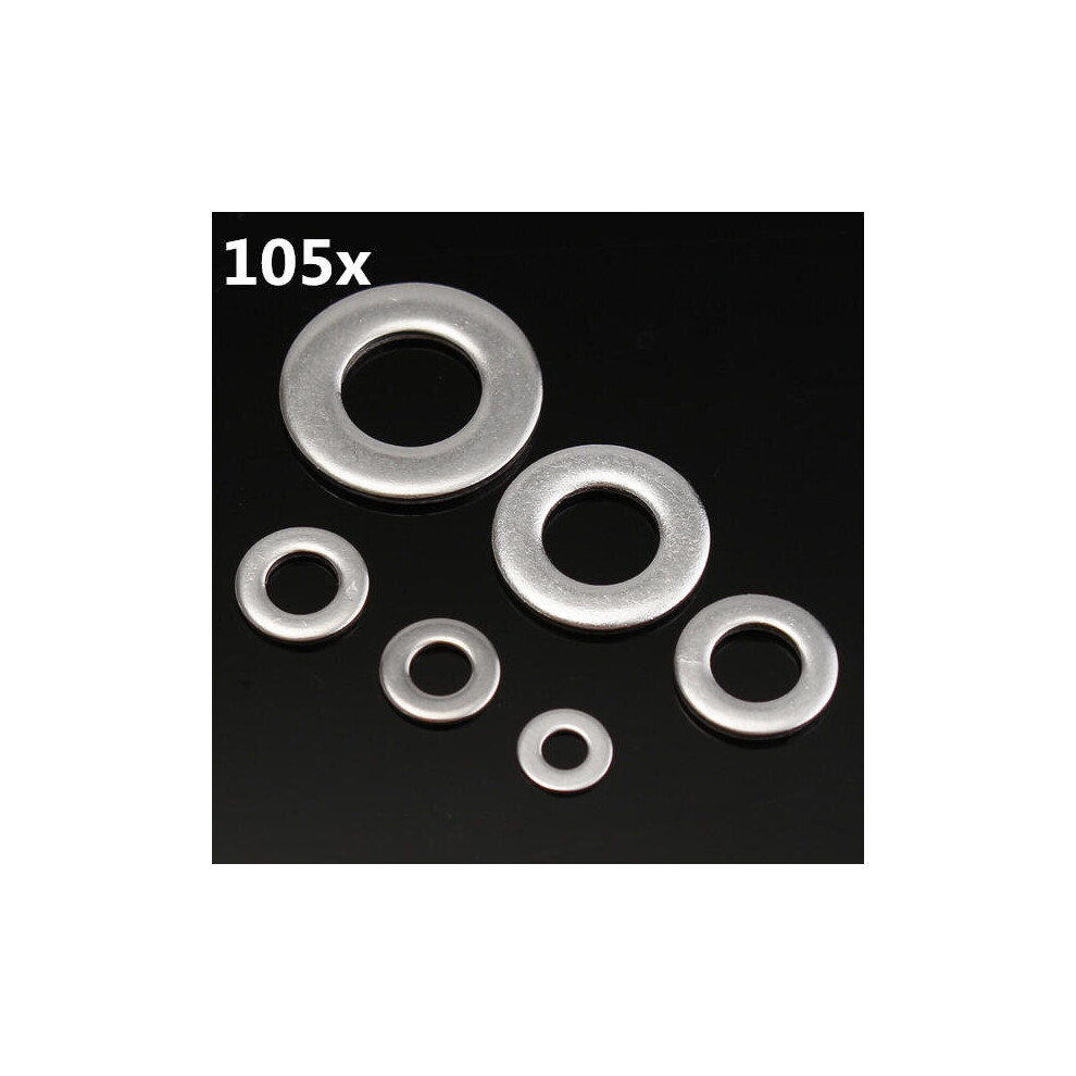 105Pcs Metric Flat Washers Stainless Steel Screw Repair Kit M3/M4/M5/M6/M8/M10 3654659459770