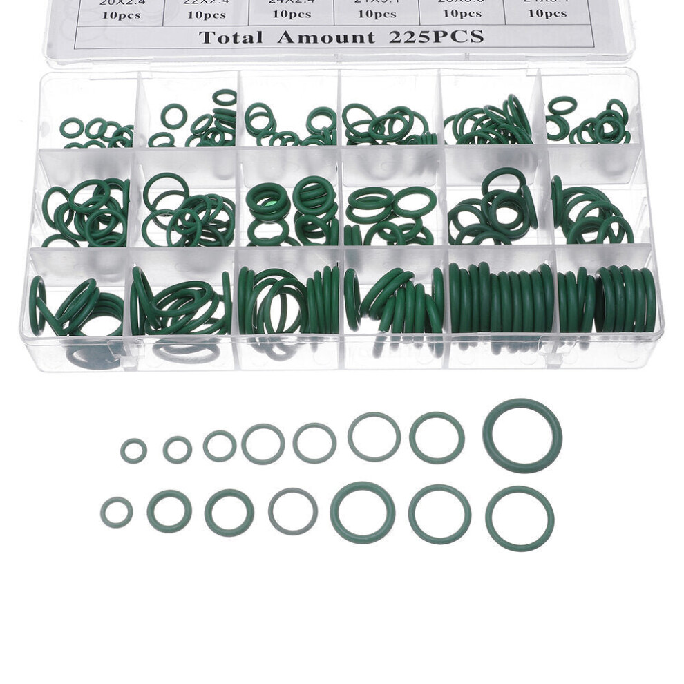 225Pcs R22/R134a Green Air Conditioning Rubber O-Ring Tap Washer Gasket Set Seal Metric Assortment Plumbing Kit Waterproof