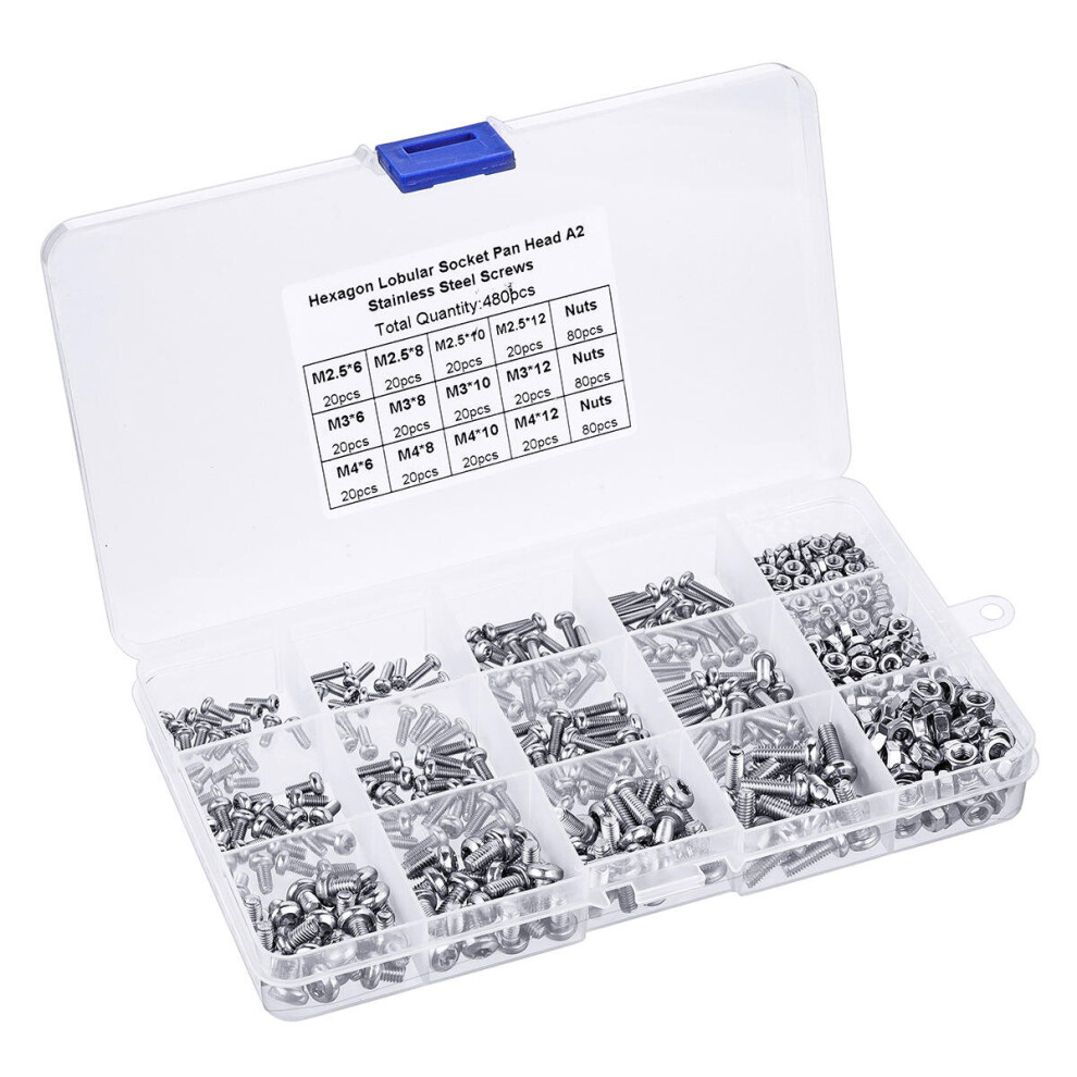 480Pcs M2.5/M3/M4 Torx Machine Screw 304 Stainless Steel Pan Head Bolt Nut Assortment