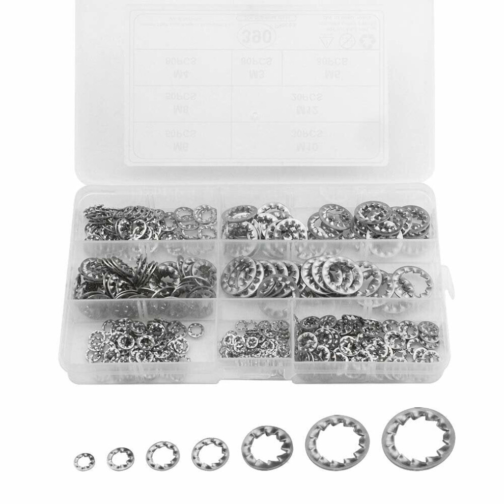 390Pcs 304 Stainless Steel Internal Tooth Lock Washers Anti-loosening Washer M3-M12 Assortment Kit